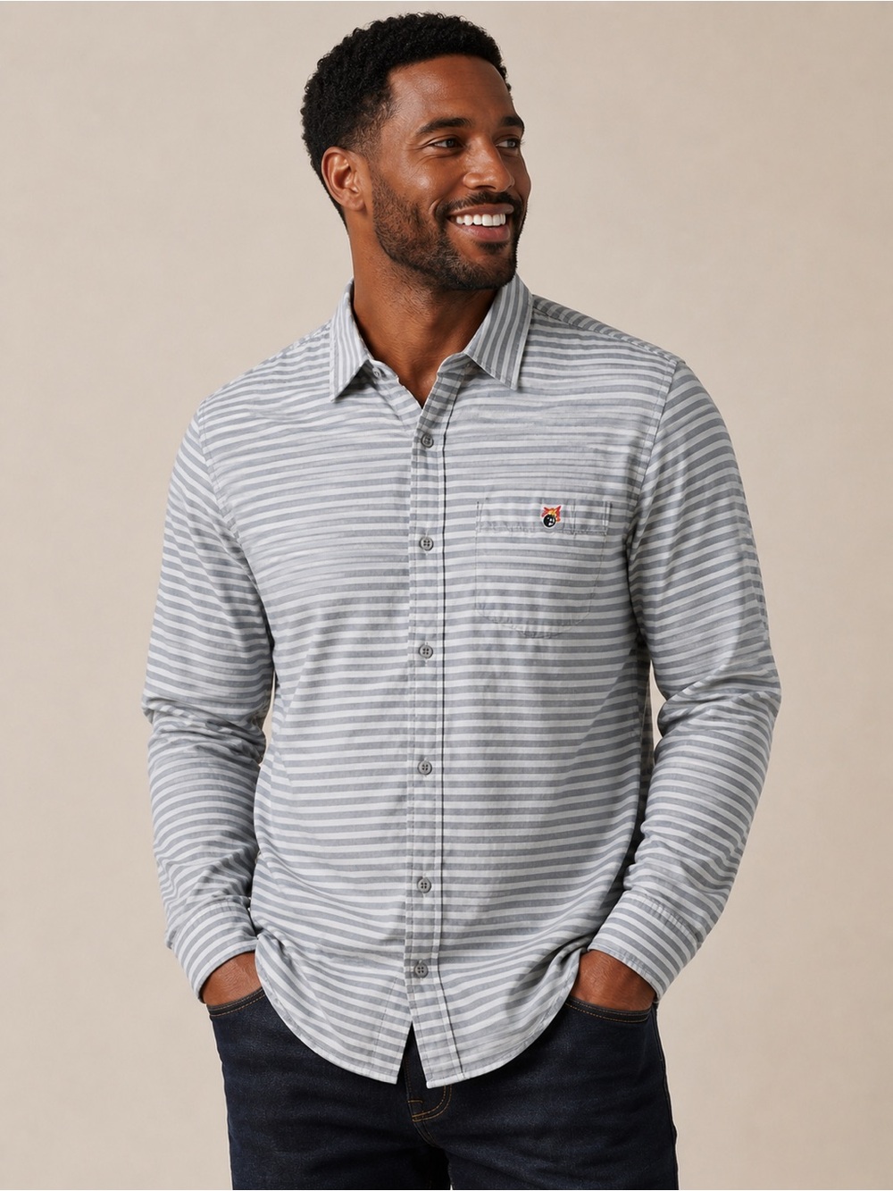The Hundreds Men’s Striped Button-Down Shirt in Light Gray and Cream, size L
